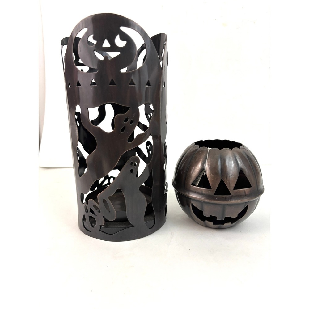 Halloween Metal Candle Holders Set Ghost Pumpkin Jack O Lantern Tealight Decor